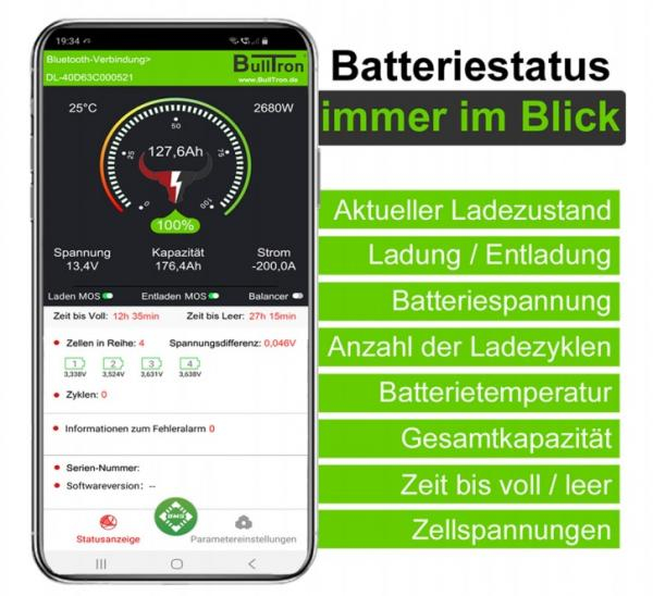 150Ah BullTron LiFePO4 12.8V Akku mit Smart BMS und Bluetooth App